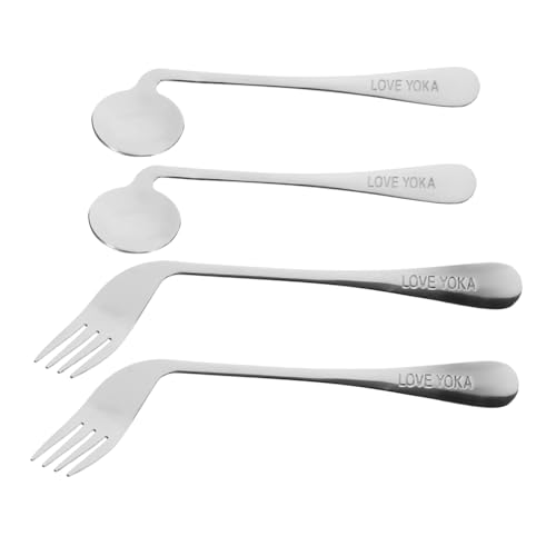 SOLUSTRE Ergonomic Angled Spoon Fork Set Stainless Steel Small Spoon Metal Fork Hand-angled Lightweight for Elderly Disabled Feeding Assistance