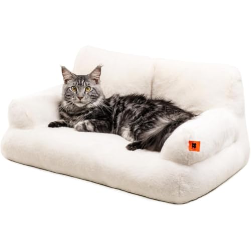 JourneyJolt ペットソファー 小型犬 中型犬 猫用ベッド ペットベッド クッション付き ペットマット 洗える 犬 猫用ソファー 滑り止め 多頭飼い対応 春夏秋冬 子犬 子猫 ペット用寝具 (66*48*33cm,バニーファーの白いソファ)