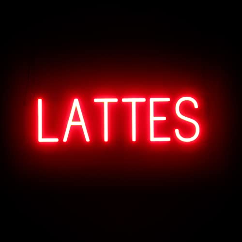Image of SpellBrite LED Neon LATTES Sign for Business - Red, 24 inch x 6 inch | Ultra-Bright Click-Together Signage for Cafes, with Visibility from 500 Feet - 8 Animations, 6 Brightness Settings