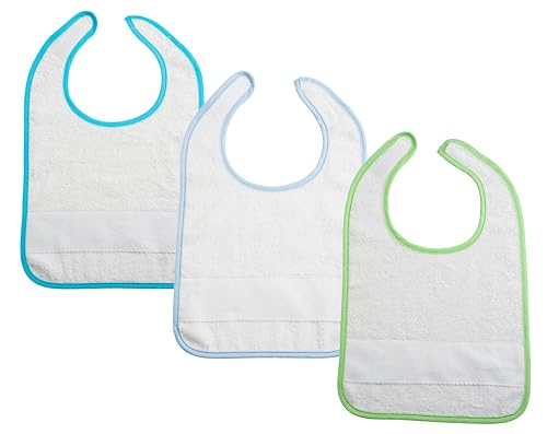 Photo de Filet - Ensemble de 3 Bavoirs pour repas avec fermeture velcro en éponge blanche, avec toile Aïda à broder, 24x30 cm, fabriqué en Italie, bord uni, variantes bleu clair, turquoise, vert