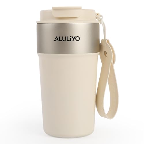 ALULIYO Insulated Coffee Cup, Leakproof Travel Mug, Double Wall Thermal Cup for Hot & Cold Beverages, Tumbler with Straw and Lid, BPA-Free, White, 500ML