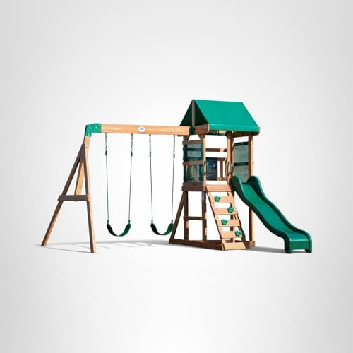 Backyard Discovery Buckley Hill Cedar Wood Swing Set with Wave Slide, Play Deck, Rock Wall Ladder, Belt Swings, Chalkboard, Canopy Roof, Outdoor Playset — view 9
