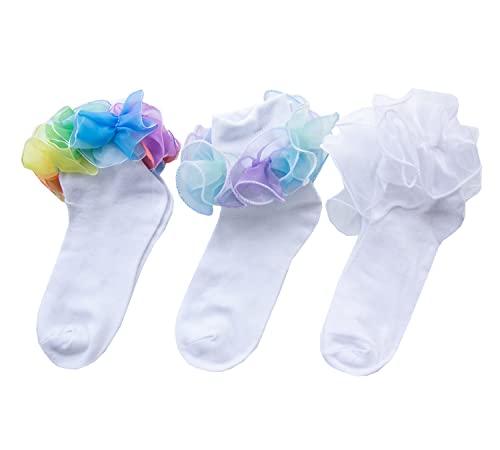 Women Big Ruffle Socks Double Lace Turn Cuff (Size 9-11, 3 Pairs)2