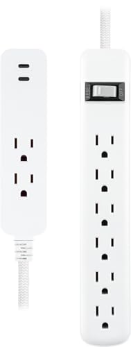 GE 6-Outlet & 2-Outlet Surge Protector Combo Pack with 2 USB-C Ports, 245 Joules, 2ft Braided Cords, Flat Plugs, ETL Certified, White, 86076
