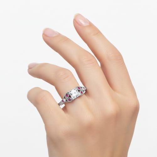 Image of Choose Your Gemstone Split Band Antique Ring Sterling Silver Princess Shape Side Stone Engagement Rings Minimal Modern Design Birthday Wedding Gift US Size 4 to 12