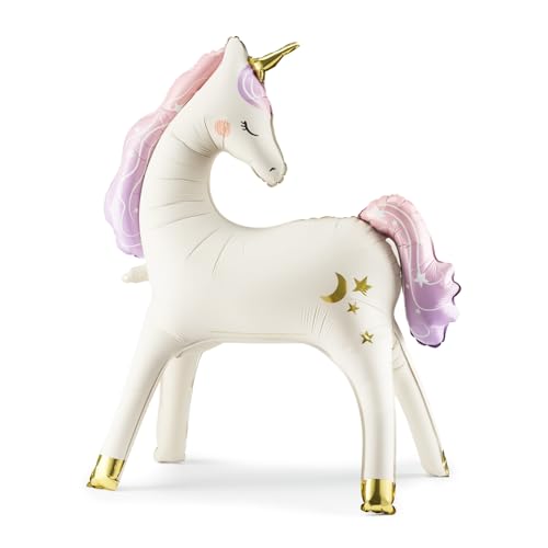 PartyDeco de globos gigantes de unicornio de pie de 37.5 x 34 pulgadas, elegantes globos de aluminio de unicornio blanco autónomo 3D, suministros de fiesta de cumpleaños para niñas, decoraciones de