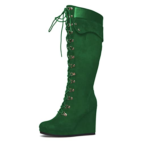 YDN Women Round Toe Knee High Boots Sexy Wedge High Heel Riding Boots Lace up Zipper Party Winter Shoes Size 4-15 US