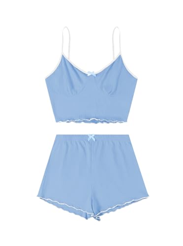 Image of Hilinker Womens Graphic Print Ribbed PJ Set Crop Cami Tops and Shorts Cute Pajamas Set