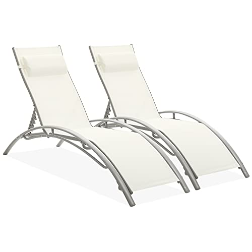 Ainfox Patio Lounge Chairs Set of 2, Adjustable Outdoor Reclining Chaise Lounges All Weather for Beach Yard Pool (White)