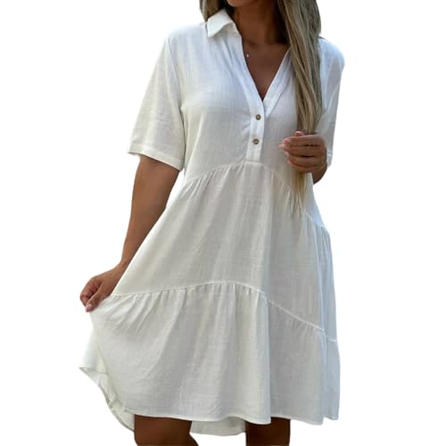 Beach Swimsuit for Women Cotton Linen Short Sleeve V Neck Coverups Dress Bikini Cover Up Shirt Button Down Midi Dress