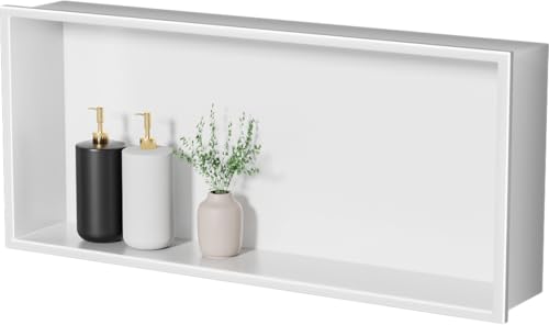 No Tile Needed Shower Niche - 12"x24" White 304 Stainless Steel Recessed Shelf,Over Mount Installation for Bathroom & Shower Wall,Waterproof