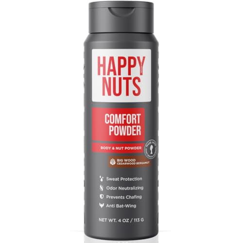 Image of HAPPY NUTS Comfort Powder - Anti Chafing & Deodorant, Aluminum-Free, Sweat and Odor Control for Jock Itch, Groin and Men's Private 4 Oz (4 Ounce (Pack of 1), Big Wood)