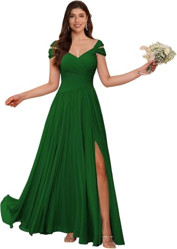 Women's Off Shoulder Bridesmaid Dress with Slit Pleated Chiffon V Neck A Line Formal Evening Dress