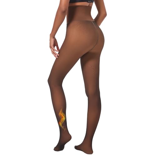 High Waisted Lightweight Fleece Tights,Seamless Control Top Compression Fake Translucent Dark Skin Shaping Insulated Legging