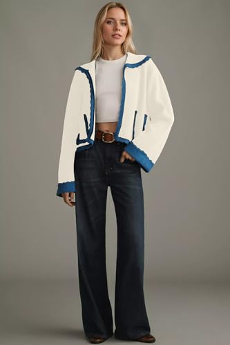 Ythomm Womens Scallop Lapel Collar Knit Cardigan Sweaters Color Block Long Bell Sleeve Open Front Fall Sweaters with Pockets3