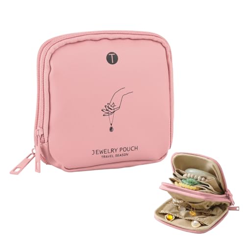 Image of MAYCREATE Travel Jewellery Organiser Pouch Small Bracelets Jwell Jewelry Organizer Pouch PU Jewellery Pouches with Zipper, Soft Velvet Compartments for Rings Earrings Necklaces (5x5inch, Pink)