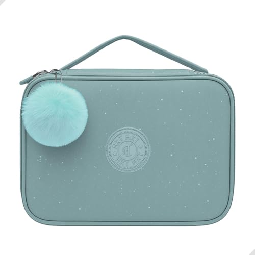 Estojo Escolar Box Grande, com Pompom, Glitter, Alça e Zíper, 29 Elásticos para canetas, lapiseiras ou lápis | Volta as Aulas, Material Escolar, Papelaria Fofa Criativa 23x15cm (Verde Acinzentado)