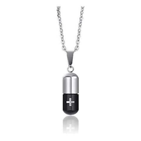LAFATINA Medical Alert ID Pill Capsule Tube Pendant Necklace, Men's Women Stainless Steel Pill Case Medical Alert Card Holder Pendant Necklace for Boys Girls Old Cover