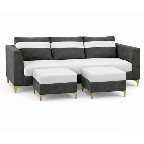 Image of FURNY Nova 5 Seater L Shape Sofa Set with 2 Movable Ottoman | Flexible Left or Right Layout | Plush Velvet Fabric (Dark Grey-Light Grey) | Perfect for Living Room, Guest Room & Office