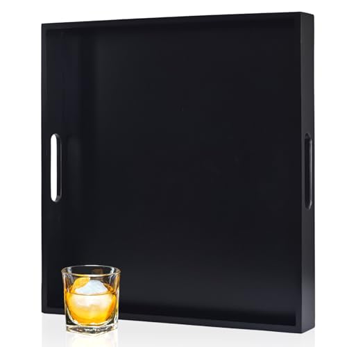 OurMiao 22 Inches Square Wood Ottoman Tray Black, Extra Large Wooden Serving Tray with Handles for...