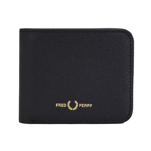 Fred Perry Cartera plegable de piel auténtica, color negro con interior tostado, diseño clásico de logotipo