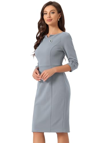 Image of Allegra K Work Dress for Women 3 /4 Sleeve Boat Neck Back Slit Sheath 2026 Professional Bodycon Business Casual Dresses