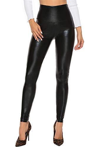 FITTOO PU Leggings Cuero Imitación Pantalón Elásticos Cintura Alta Push Up para Mujer #2 Clásico Negro Brillante L
