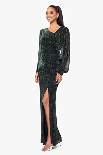 Betsy & Adam Women's Plus Size One-Shoulder Shimmer Long Sleeve Maxi Dress with Side Slit2