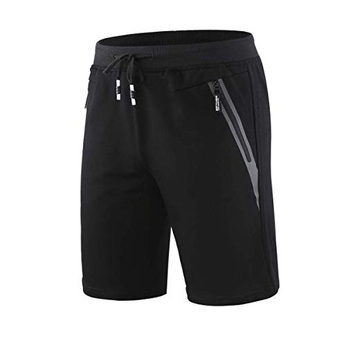 CLOUSPO Short Sport pour Homme Bermuda Séchage Rapide Short de Course avec Poches Zippées Léger Respirant pour Jogging Entraînement Gym Fitness été Coton(Noir,L) Cover