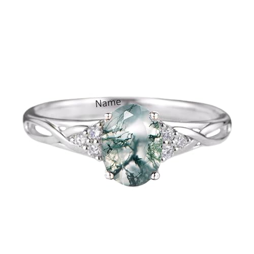 Natural Moss Agate Ring for Women Solid 925 Sterling Silver Salt and Pepper Diamond Ring with Moissanite, Engraved Name Wedding Bands for Her