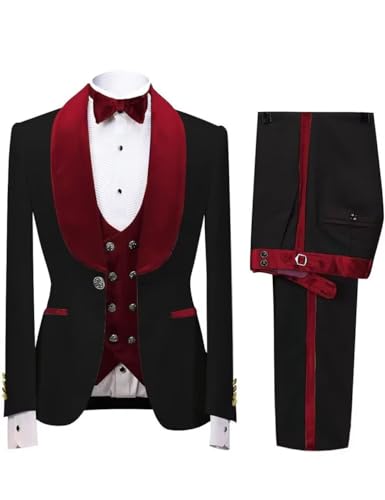 Velvet Suits for Men 3 Piece Set Slim Fit Floral Jacquard Dress Suits Dark Red