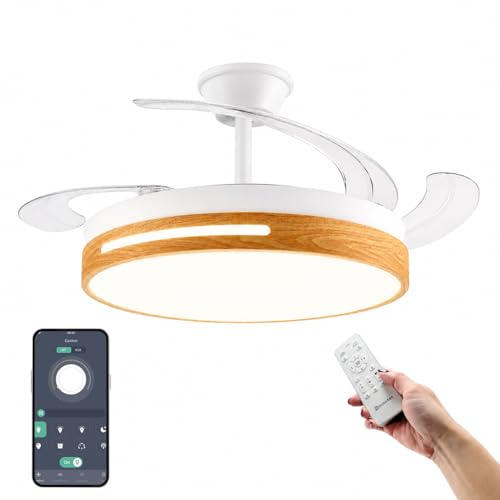 IluminaShop Ventilador de Techo con luz LED 66W con Luz CCT Regulable y Control de Intensidad, Motor DC 30W+Luz 36W, Silencioso, 6 Velocidades, 4 Aspas Retráctiles, Temporizador.