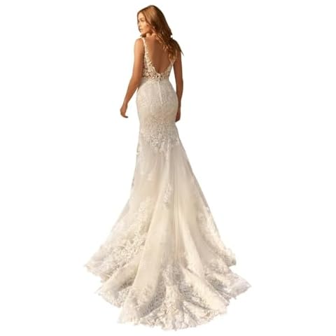 Miao Duo Women's Sleeveless Mermaid Wedding Dresses Lace Appliqued Boho Tulle Wedding Gowns for Bride 2024 White 10 Cover
