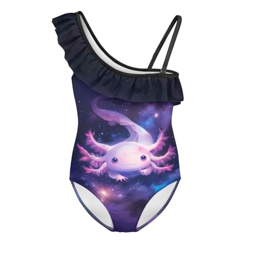 Image of WELLFLYHOM Axolotl Girls One Piece Swimsuits 3-14 Ruffle One Shoulder Bathing Suits Full Coverage Beachwear