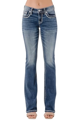 Miss Me Women's Tri-Color Metallic Saddle Stitch Faux Flap Pockets Mid-Rise Bootcut Jeans2