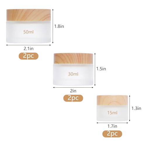 Miayon 6Pcs Glass Cosmetic Container with Wood Grain Lid Refillable Cosmetic Jar Frosted Glass Cream Container with Leak-proof Lid Empty Sample Jar for Makeup,Lotion,Eye Creams,Scrub Cream,Home Travel