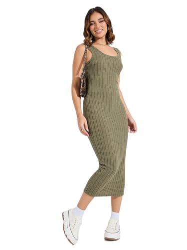 STYLI Women Rib Scoop Neck Bodycon Midi Dress Green XL