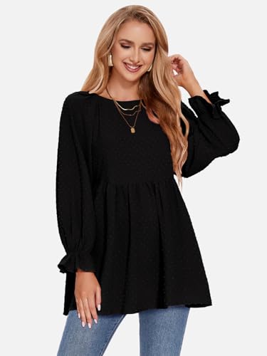 EXLURA Womens Fall Long Sleeve Loose Blouses Swiss Dot Babydoll Shirts Dressy Casual Peplum Tunic Tops Trendy Outfits 20253