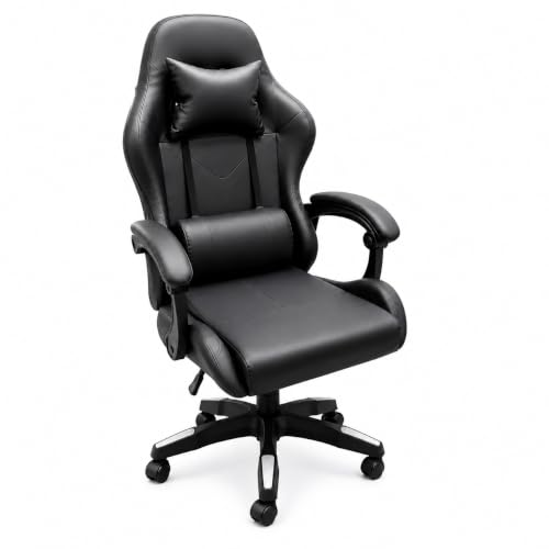 Cadeira Gamer de Escritório Reclinável, Couro Sintético Preto, com Apoio para Braços, Apoio de Cabeça com Almofada e Suporte Lombar, Ergonômica