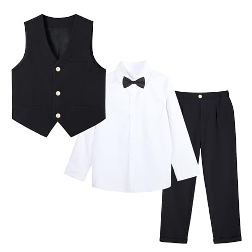 LOLANTA Traje de Novio de 4 Piezas, Conjunto de Chaleco, Cumpleaños Infantil, Fiesta de Boda, Negro, 10 11 años, 150