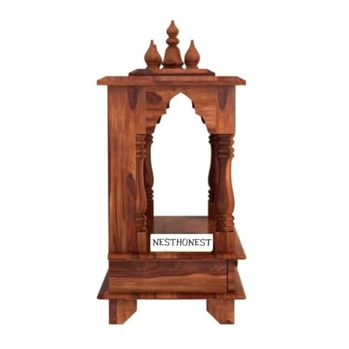 Image of Wall Mounted Solid Sheesham Wood Puja Mandir for Home Solid Wooden Temple for Puja Room with 2 Drawer Storage Pooja Ghar Wooden Furniture for Pooja Room Sheesham Wood, Honey Finish (Honey, 2 Drawers)