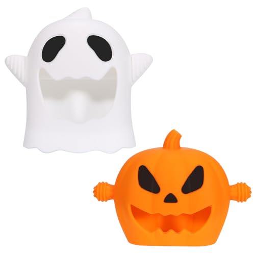 Image of Halloween Baby Teething Mitten Toys 2Pack, Silicone Pumpkin & Ghost Teethers for Newborns, Infants & Toddlers, Easy-Grip Hand Teething Gloves for Relief, Perfect Baby’s First Halloween Basket Stuffers