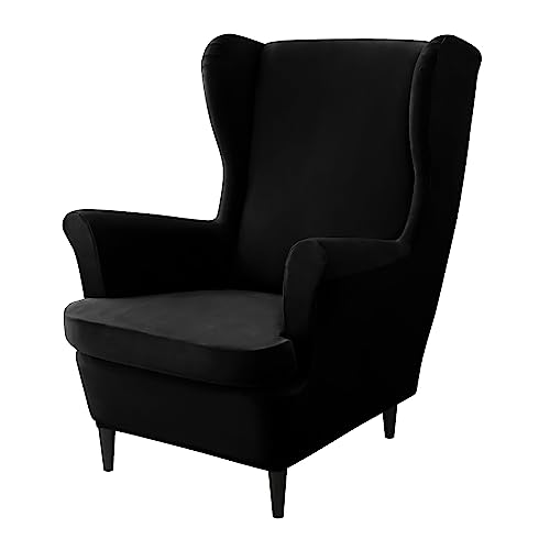 Image of HOKIPO Original Velvet Wingback Chair Cover, Stretch Fitted, Removable Washable Furniture Protector Slipcover, Black (AR-4761-BLK)