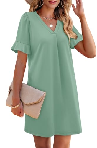 Image of OFEEFAN Summer Dresses for Women Ruffle Short Sleeve V Neck Casual Shift Dress with Pockets