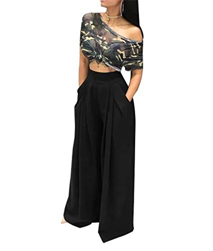 LROSEY Women Casual Stretchy Wide Leg Palazzo Pants with Pockets (Black, L)