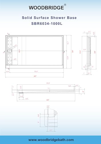 WOODBRIDGE 60"L x 34" W x 4"H Shower Base,Left Drain,Non-Slip Single Threshold Shower Pan, Solid Surface with Matte Black Linear Drain Cover