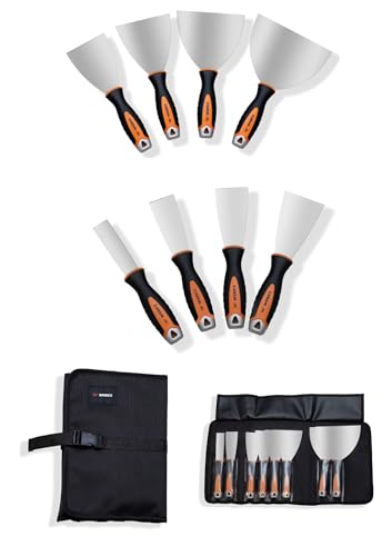 Set de 8 outils à enduire professionnels en acier Inox avec trousse de rangement – Kit parfait pour plaquiste, peintre, enduit, plâtre, lissage et...