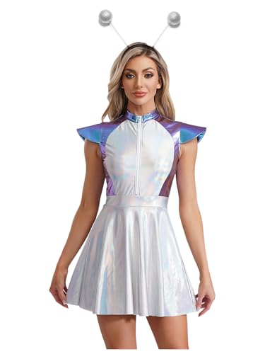 dPois Disfraz De Alienígena Brillante Para Mujer Vestido Sin Mangas + Diademas De Alienígena Ropa De Fiesta Temática Canaval Azul XL