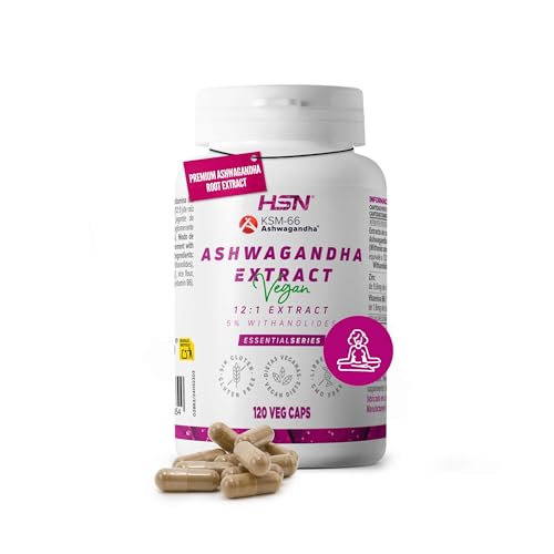 HSN Extracto Ashwagandha KSM-66 (12:1) 600mg/día (30mg Withanólidos) | 120 Cápsulas Vegetales | 7200mg equivalencia de Raíz Withania somnifera | No-GMO, Vegano, Sin Gluten