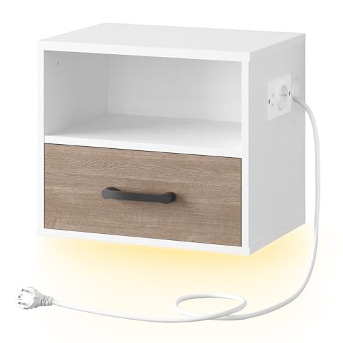 HOOBRO Mesilla de Noche Suspendida, Mesita de Noche sobre Pared con Base de Carga y Cajón, Moderna Mesilla con LED y Sensor, 1 Enchufe Estándar y 2 Puertos USB, Blanco y Gris Envejecido EWG132CDBZ01